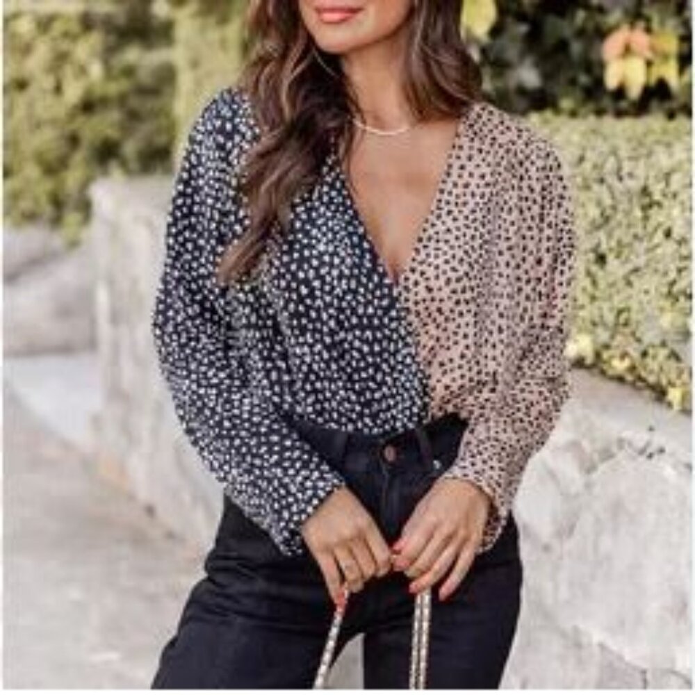Can't Deny My Love Black and Taupe Spliced Leopard Print Bodysuit - M